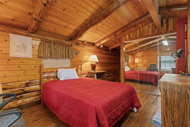 bedroom with vaulted ceiling with beams, wood walls, wood-type flooring, and wood ceiling