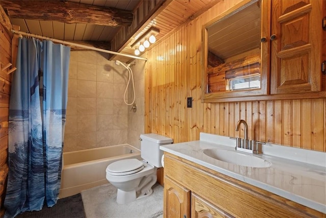 full bathroom featuring vanity, wooden ceiling, shower / tub combo with curtain, and wooden walls