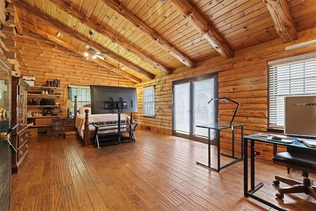 bedroom featuring hardwood / wood-style floors, wood ceiling, and multiple windows