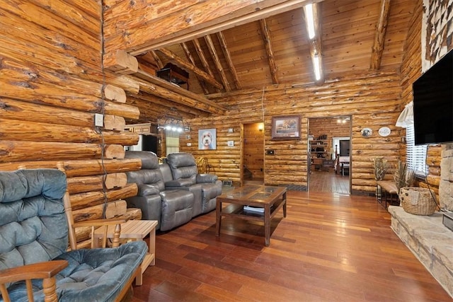 living room with log walls, hardwood / wood-style flooring, high vaulted ceiling, wooden ceiling, and beamed ceiling