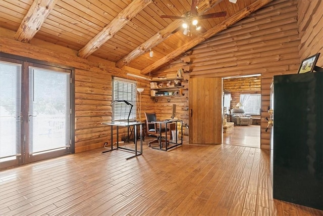 miscellaneous room featuring light hardwood / wood-style floors, a healthy amount of sunlight, wood ceiling, and log walls