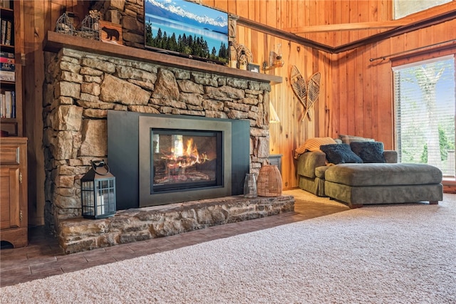 interior space featuring wooden walls and a stone fireplace