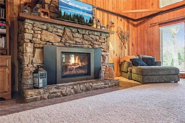 186 Lake Road Ln, Middlecreek Twp, PA 15557 - interior details featuring wood walls and a stone fireplace
