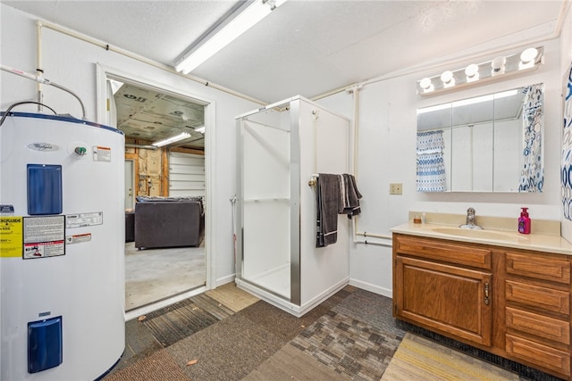 bathroom featuring water heater, a textured ceiling, vanity, and an enclosed shower