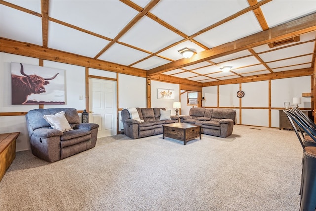 carpeted living room with coffered ceiling