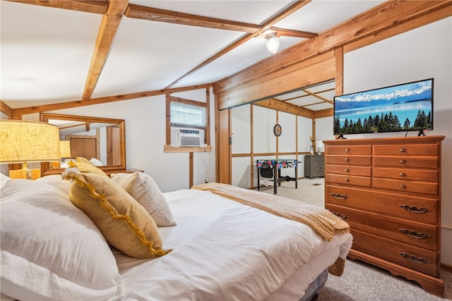 bedroom featuring cooling unit, beamed ceiling, and light colored carpet