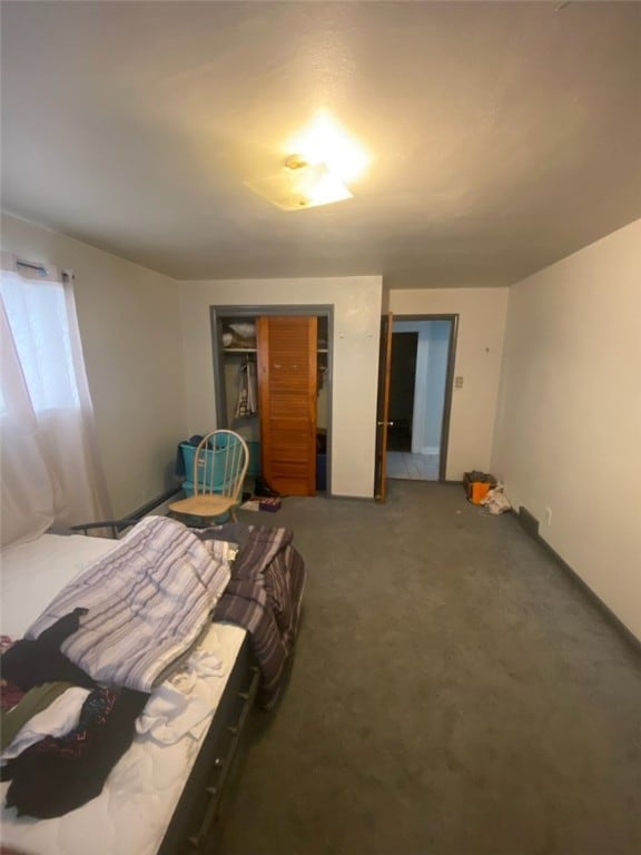 bedroom with a closet and dark colored carpet