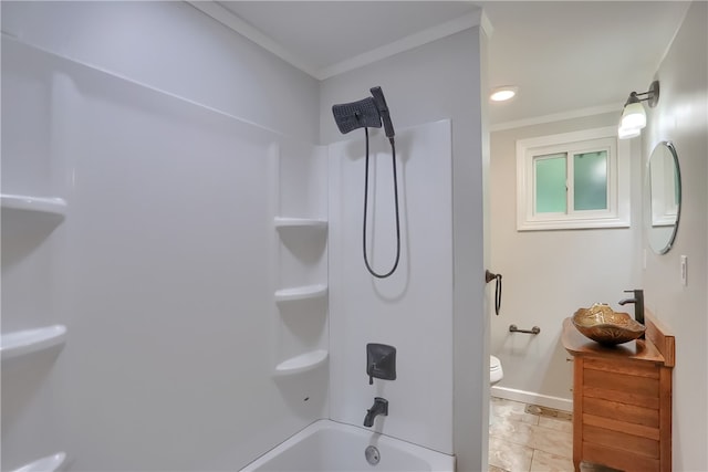 full bathroom with tile patterned floors, toilet, shower / washtub combination, and ornamental molding