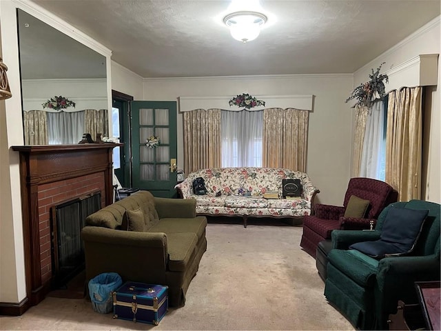 living room featuring carpet, a brick fireplace, and ornamental molding