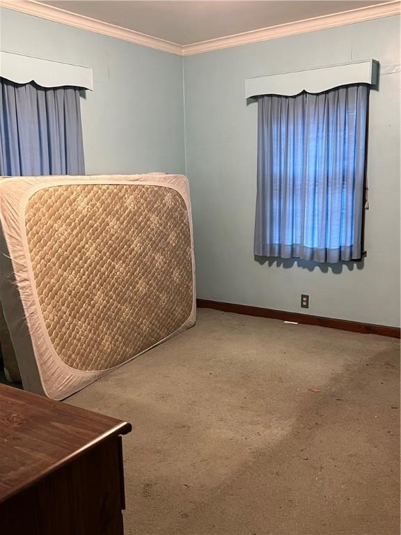 bedroom featuring carpet flooring and crown molding