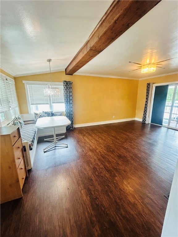 bedroom featuring lofted ceiling with beams, ornamental molding, dark hardwood / wood-style floors, and a chandelier