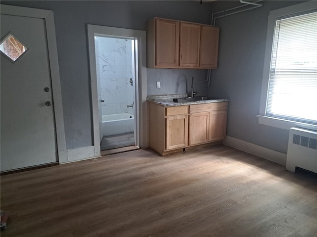 kitchen featuring radiator heating unit, sink, and light hardwood / wood-style flooring