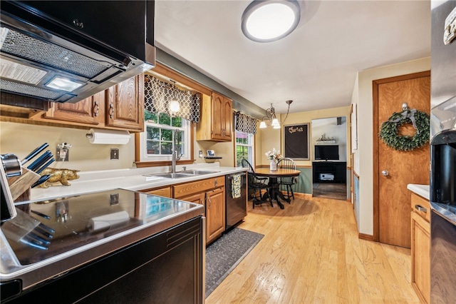 kitchen featuring pendant lighting, range, black dishwasher, light hardwood / wood-style flooring, and sink