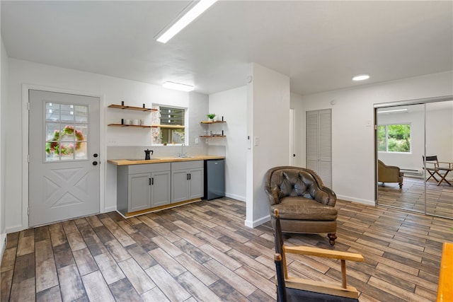 3326 New England Rd, West Mifflin, PA 15122 - kitchen featuring open shelves, light wood finished floors, fridge, and recessed lighting