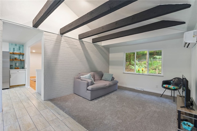 3326 New England Rd, West Mifflin, PA 15122 - living room with a wall mounted AC, beamed ceiling, baseboards, and brick wall