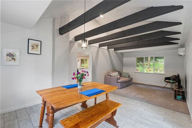 3326 New England Rd, West Mifflin, PA 15122 - dining space with light wood finished floors, beam ceiling, plenty of natural light, a wall unit AC, and baseboards