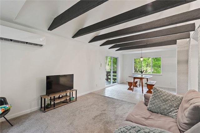 3326 New England Rd, West Mifflin, PA 15122 - carpeted living room with a wall unit AC, beam ceiling, and baseboards