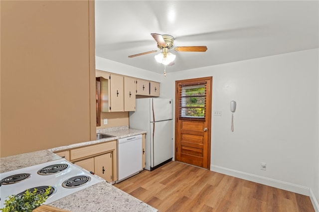 kitchen with ceiling fan, white appliances, light hardwood / wood-style flooring, and cream cabinetry