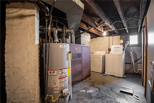 interior space featuring water heater, independent washer and dryer, and heating unit