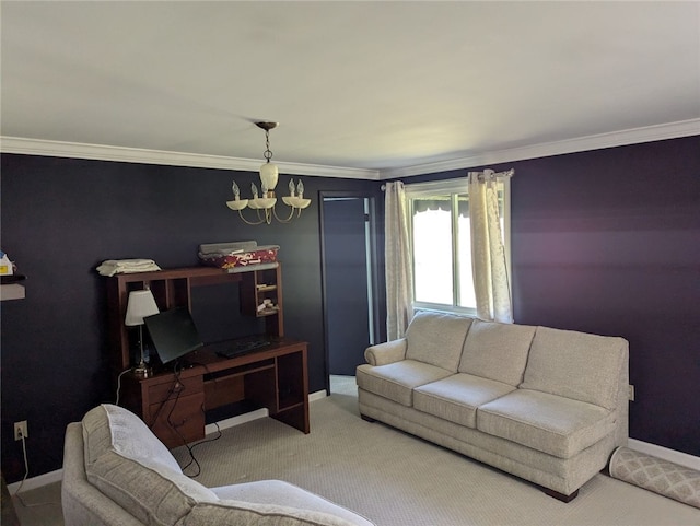 carpeted living room with crown molding and a notable chandelier