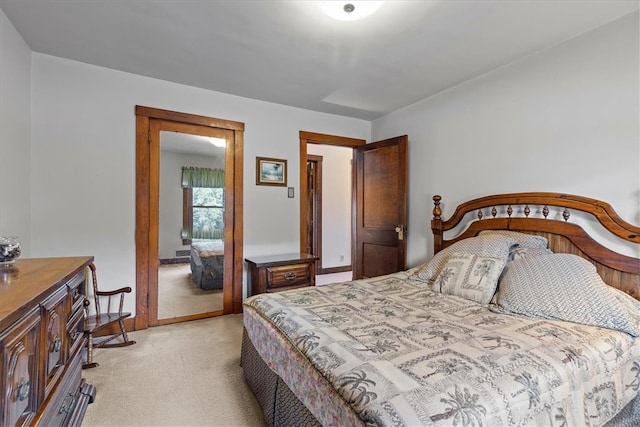 bedroom featuring light carpet and a closet