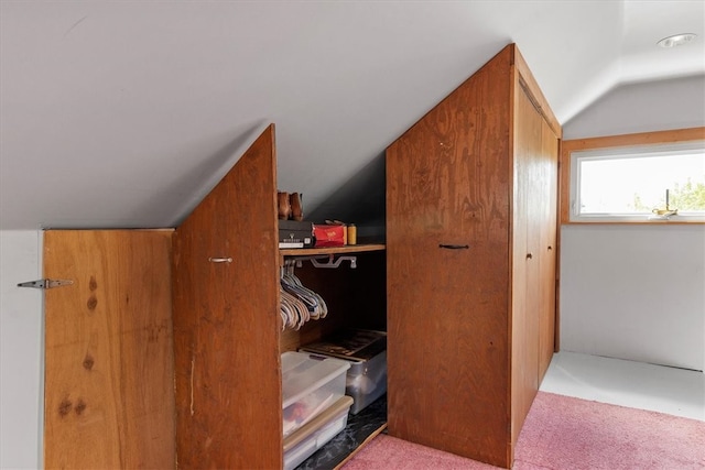 interior space featuring vaulted ceiling and carpet