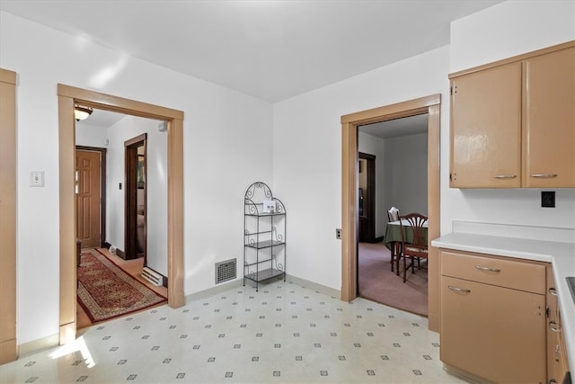 interior space with light colored carpet and light brown cabinetry