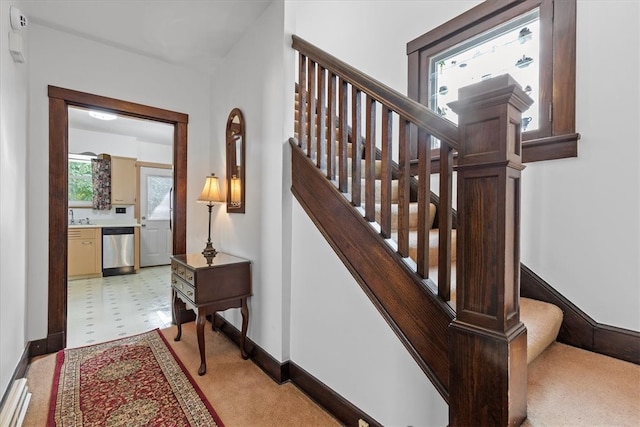 staircase with carpet flooring and sink