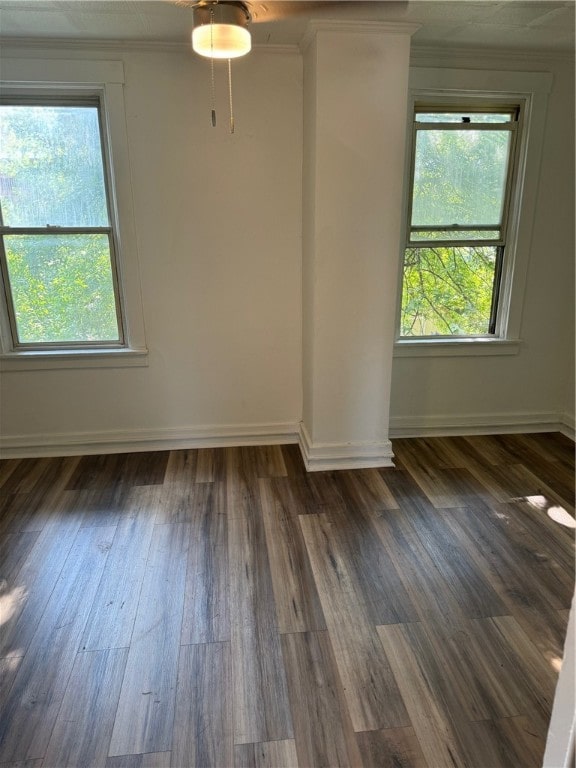 unfurnished room featuring ornamental molding and dark wood-type flooring