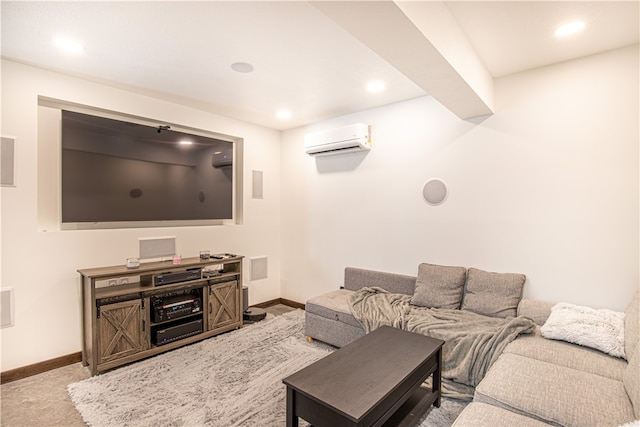 carpeted living room featuring a wall unit AC