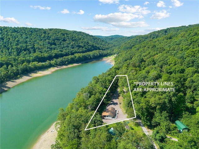 birds eye view of property featuring a forest view and a water view