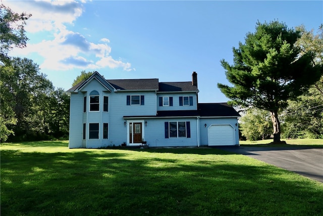 colonial house with a garage and a front lawn