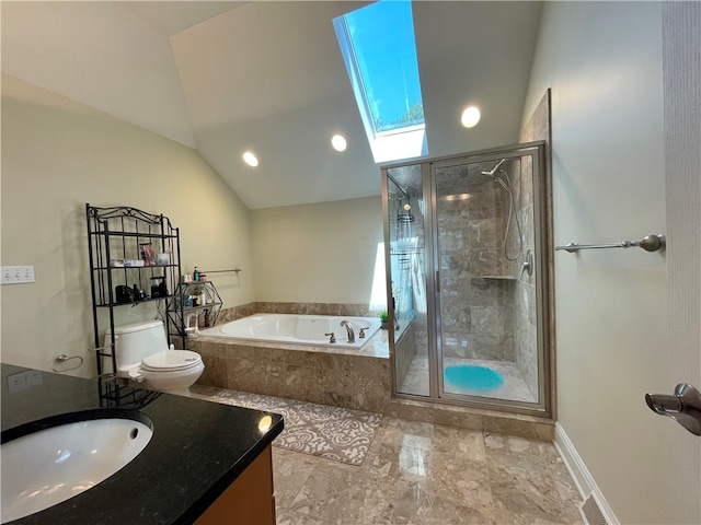 full bathroom with plus walk in shower, vanity, toilet, and vaulted ceiling with skylight