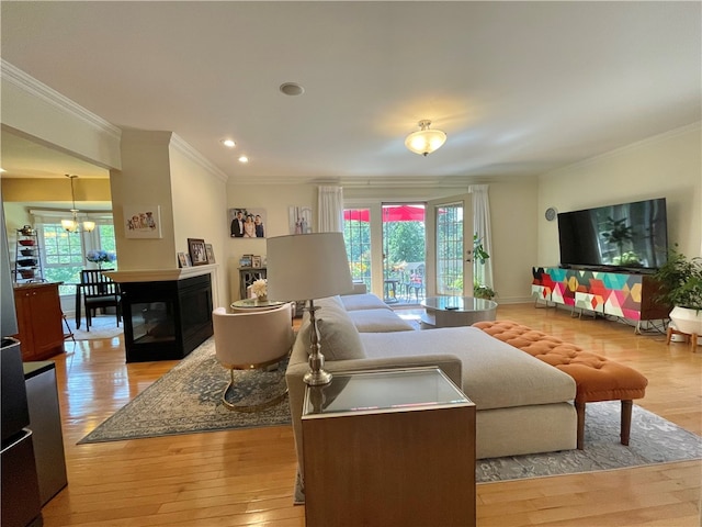 living room featuring crown molding and light hardwood / wood-style floors