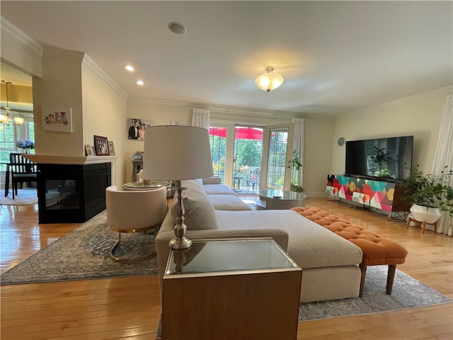 living room featuring light hardwood / wood-style floors, ornamental molding, and a chandelier