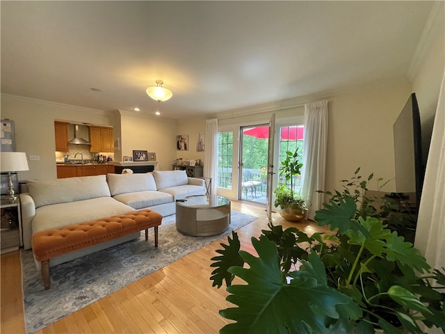 living room featuring light hardwood / wood-style floors and crown molding