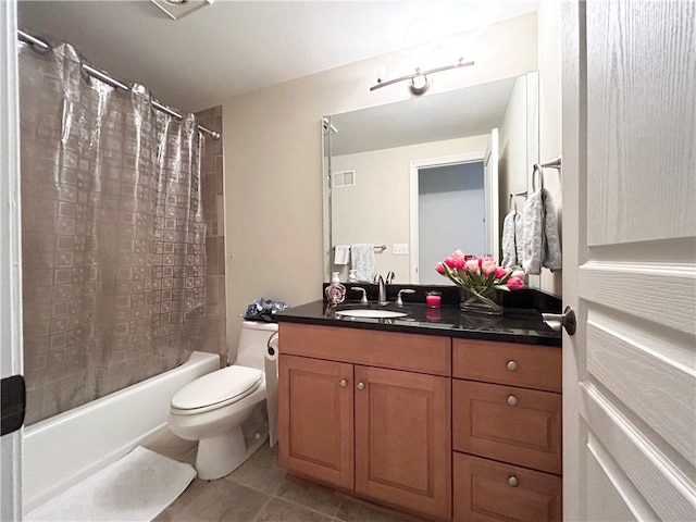 full bathroom featuring tile patterned flooring, vanity, shower / bath combination with curtain, and toilet