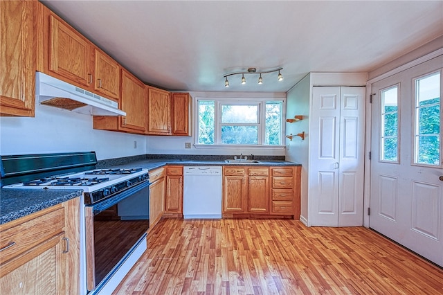 kitchen with sink, white appliances, light hardwood / wood-style floors, and a healthy amount of sunlight