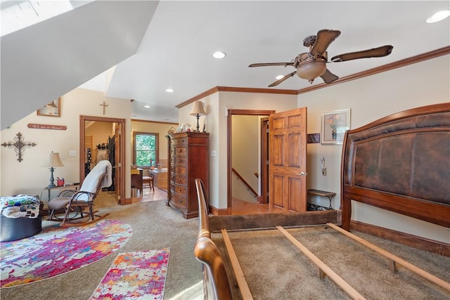 carpeted bedroom featuring recessed lighting, crown molding, a ceiling fan, and baseboards