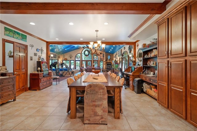 dining room featuring light tile patterned flooring, a chandelier, recessed lighting, and ornamental molding