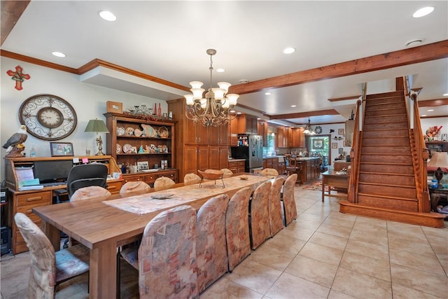 dining room with a chandelier, ornamental molding, light tile patterned floors, recessed lighting, and stairway