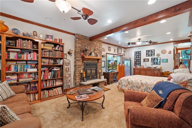 carpeted living room with ceiling fan, ornamental molding, recessed lighting, and beamed ceiling