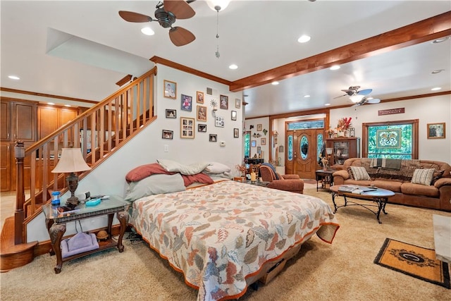 bedroom featuring recessed lighting, light carpet, and ornamental molding