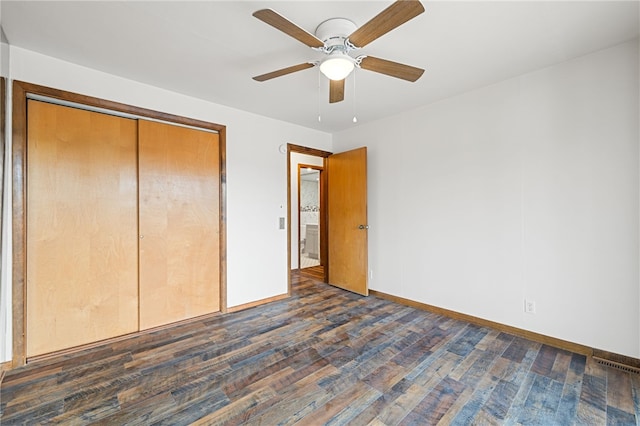 unfurnished bedroom featuring ceiling fan, hardwood / wood-style floors, and a closet