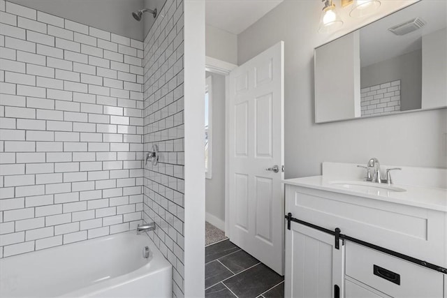 bathroom with shower / washtub combination, vanity, and visible vents