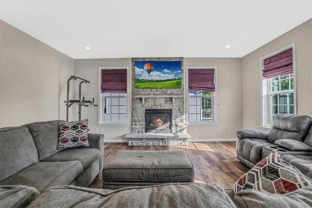 living room with a stone fireplace, plenty of natural light, and hardwood / wood-style floors