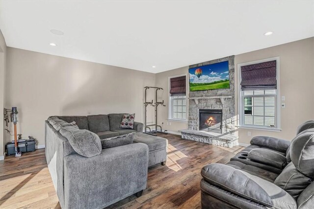 living room featuring wood-type flooring and a stone fireplace