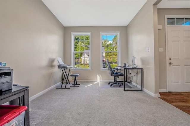 office with vaulted ceiling and hardwood / wood-style flooring