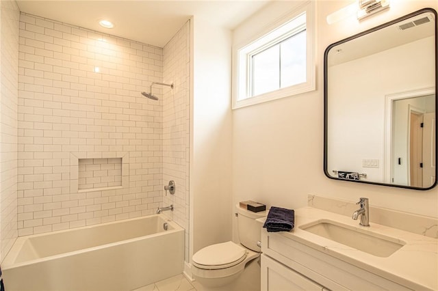 bathroom featuring shower / bathtub combination, toilet, recessed lighting, visible vents, and vanity