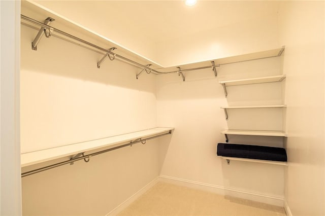 walk in closet with light carpet